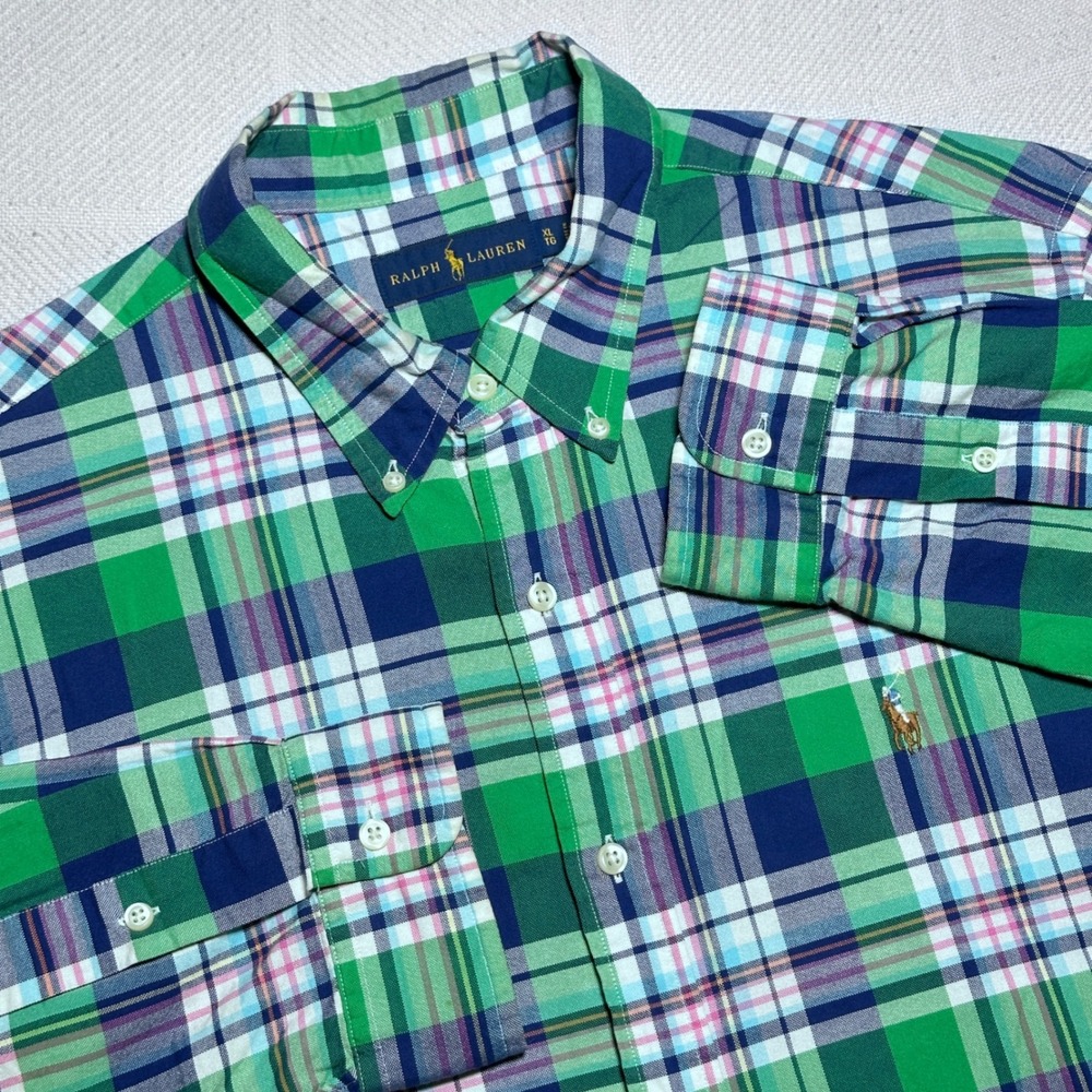 Ralph Lauren Button Down Shirt Mens XL Plaid Long Sleeve Green Blue Pink Oxford
